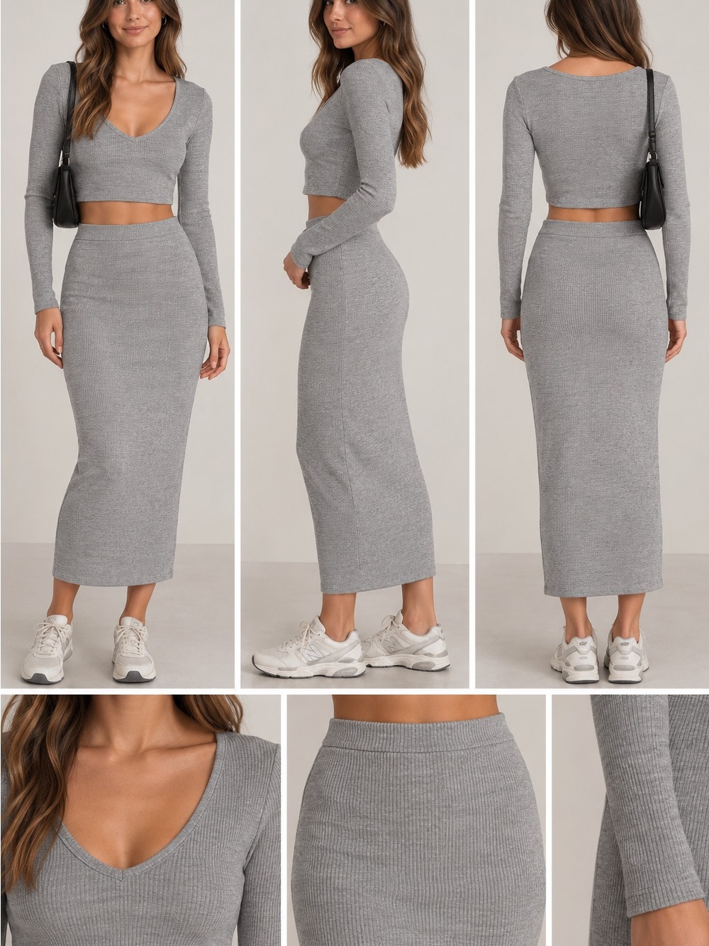 2 Piece Missguided Ribbed Gray Cropped Top and Maxi Pencil Skirt